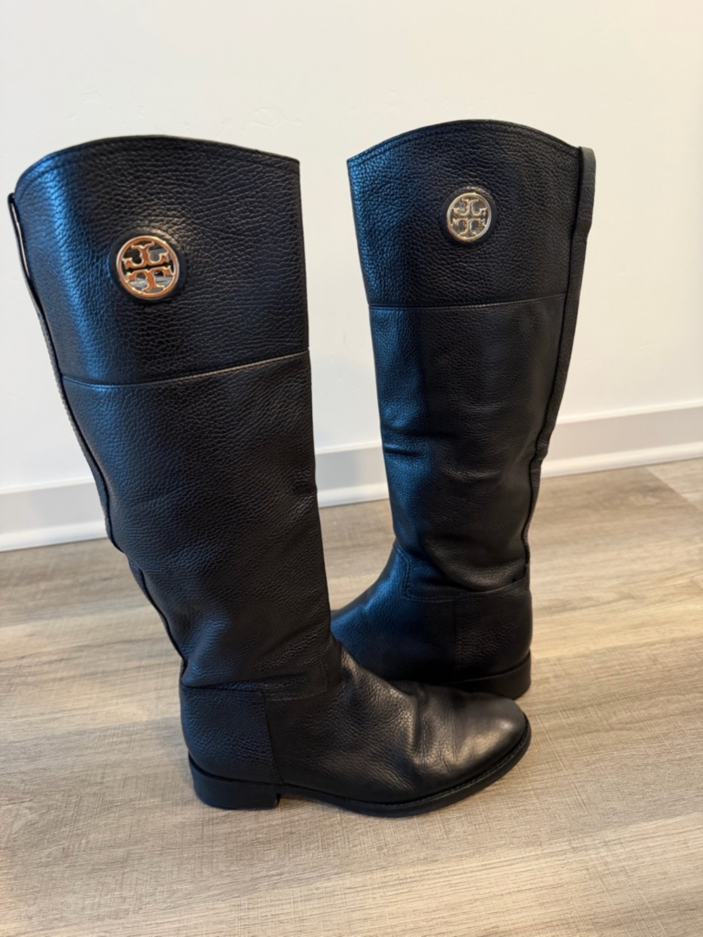 Tory Burch Black Leather Knee-High Boots with Gold Logo